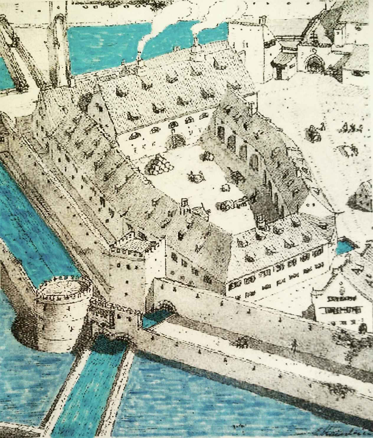 Scheiblingturm und Fischerturm am Einlass 1570 auf dem heutigen Viktualienmarkt